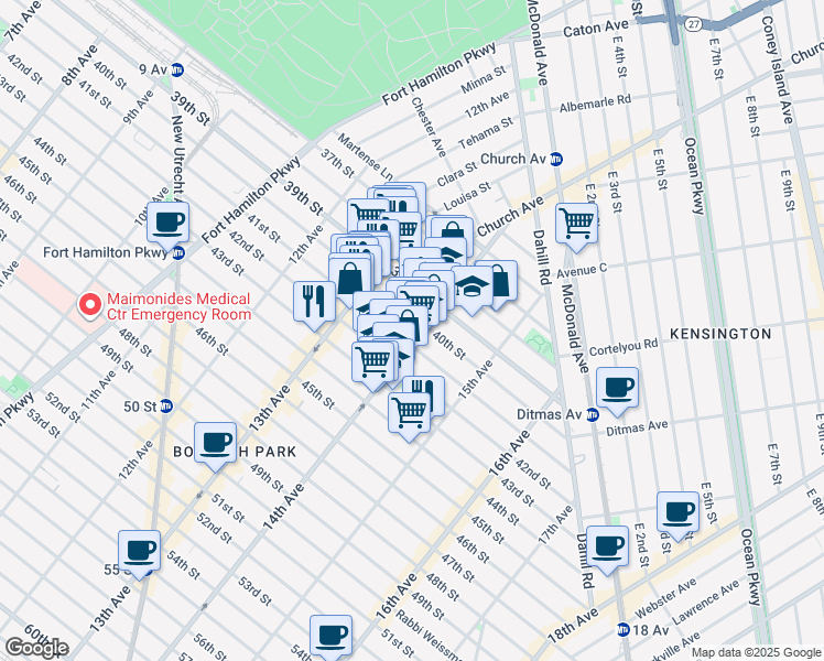 map of restaurants, bars, coffee shops, grocery stores, and more near 1421 41st Street in Brooklyn