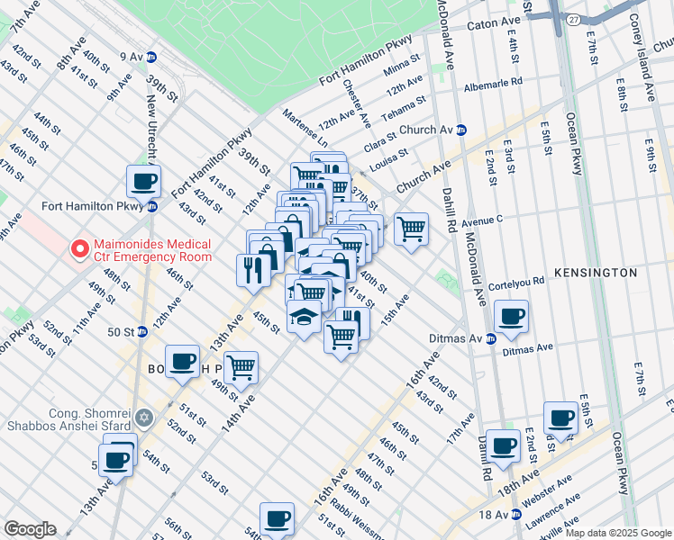 map of restaurants, bars, coffee shops, grocery stores, and more near 1373 42nd Street in Brooklyn