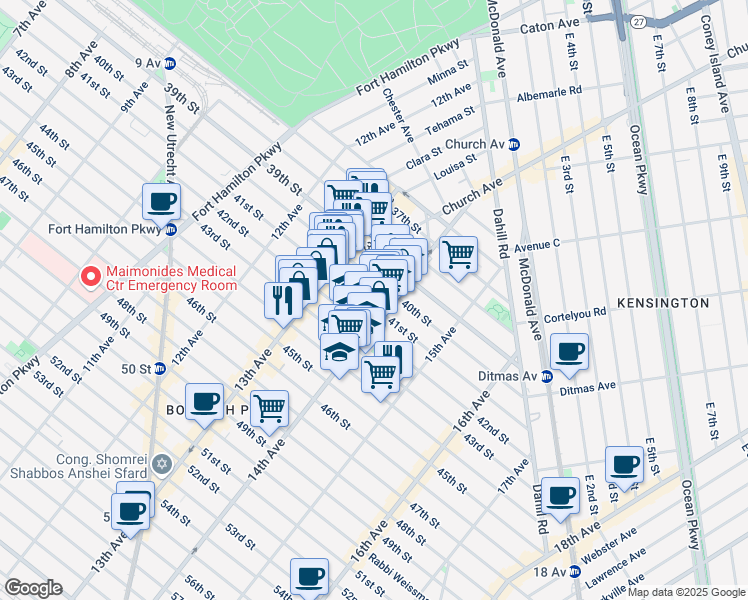 map of restaurants, bars, coffee shops, grocery stores, and more near 1373 42nd Street in Brooklyn