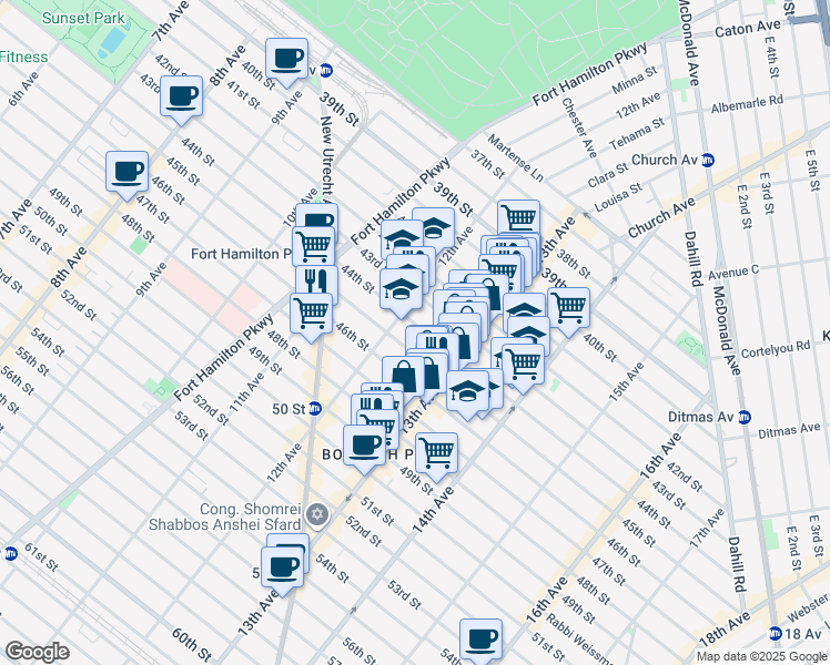 map of restaurants, bars, coffee shops, grocery stores, and more near 1249 45th Street in Brooklyn