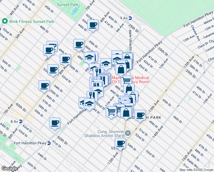 map of restaurants, bars, coffee shops, grocery stores, and more near 1043 50th Street in Brooklyn