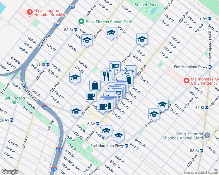 map of restaurants, bars, coffee shops, grocery stores, and more near 747 57th Street in Brooklyn