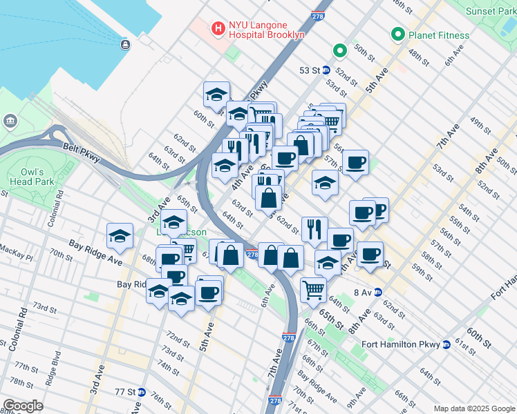 map of restaurants, bars, coffee shops, grocery stores, and more near 6209 5th Avenue in Brooklyn