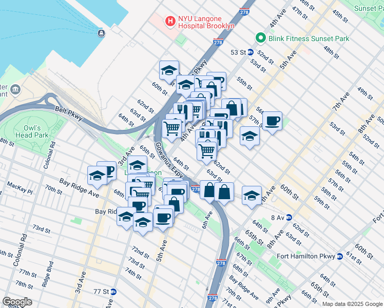 map of restaurants, bars, coffee shops, grocery stores, and more near 454 63rd Street in Brooklyn