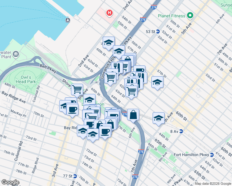 map of restaurants, bars, coffee shops, grocery stores, and more near 416 64th Street in Brooklyn