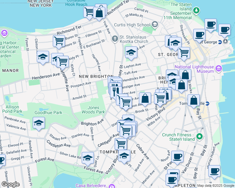 map of restaurants, bars, coffee shops, grocery stores, and more near 363 York Avenue in Staten Island
