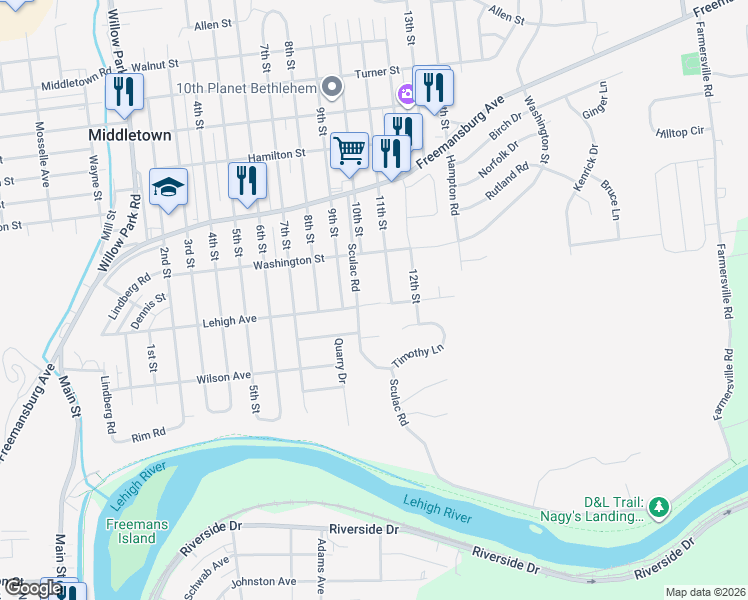 map of restaurants, bars, coffee shops, grocery stores, and more near 1536 Sculac Road in Bethlehem