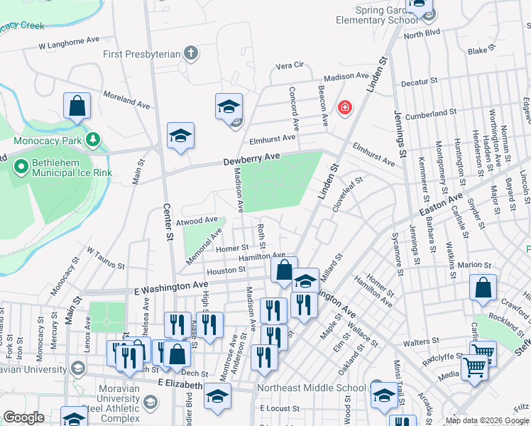 map of restaurants, bars, coffee shops, grocery stores, and more near 334 Carver Drive in Bethlehem