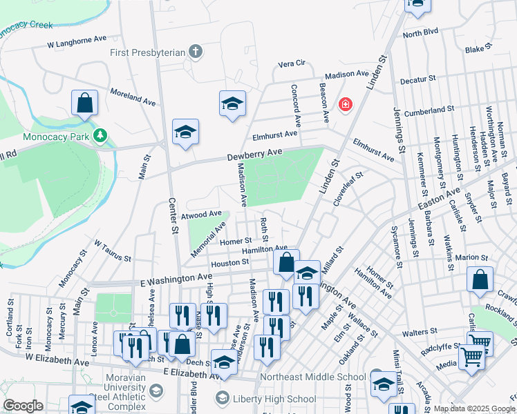 map of restaurants, bars, coffee shops, grocery stores, and more near 1754 Madison Avenue in Bethlehem