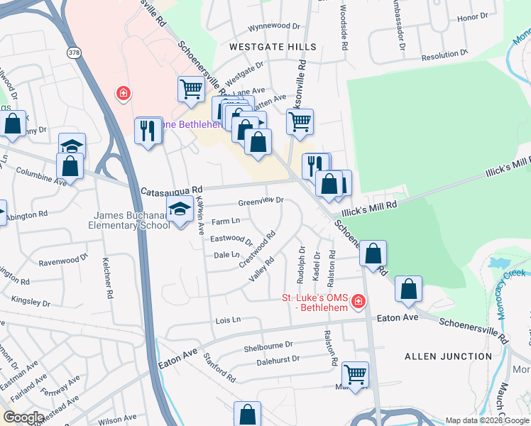 map of restaurants, bars, coffee shops, grocery stores, and more near 1614 Primrose Lane in Bethlehem