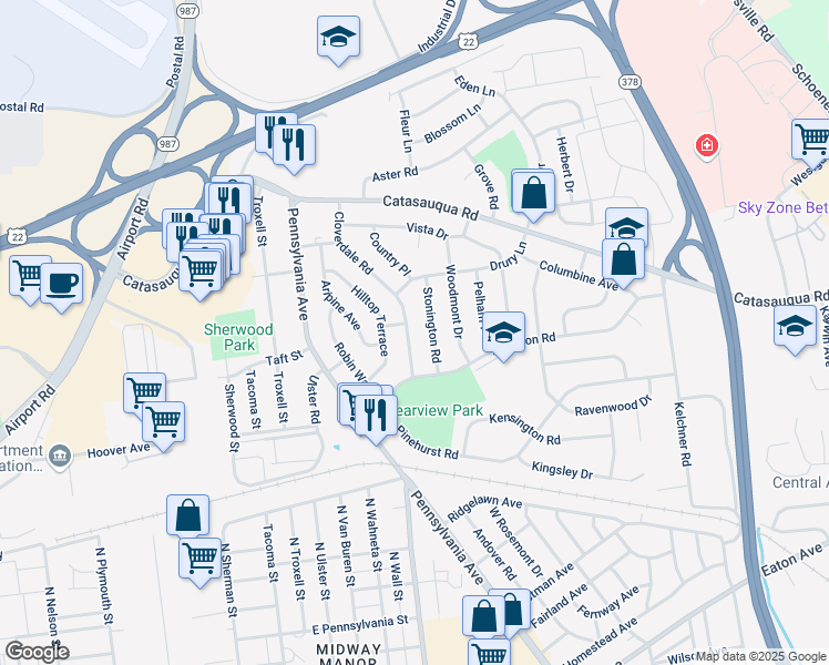 map of restaurants, bars, coffee shops, grocery stores, and more near 1828 Cloverdale Road in Bethlehem