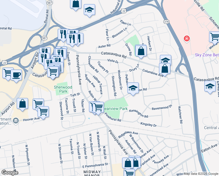 map of restaurants, bars, coffee shops, grocery stores, and more near 1828 Cloverdale Road in Bethlehem