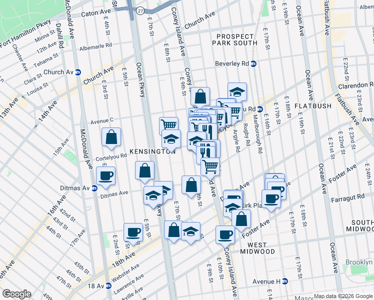 map of restaurants, bars, coffee shops, grocery stores, and more near 425 East 9th Street in Brooklyn