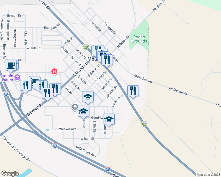 map of restaurants, bars, coffee shops, grocery stores, and more near 401 East 3rd Street in Battle Mountain