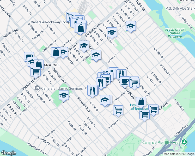 map of restaurants, bars, coffee shops, grocery stores, and more near 1360 East 94th Street in Brooklyn