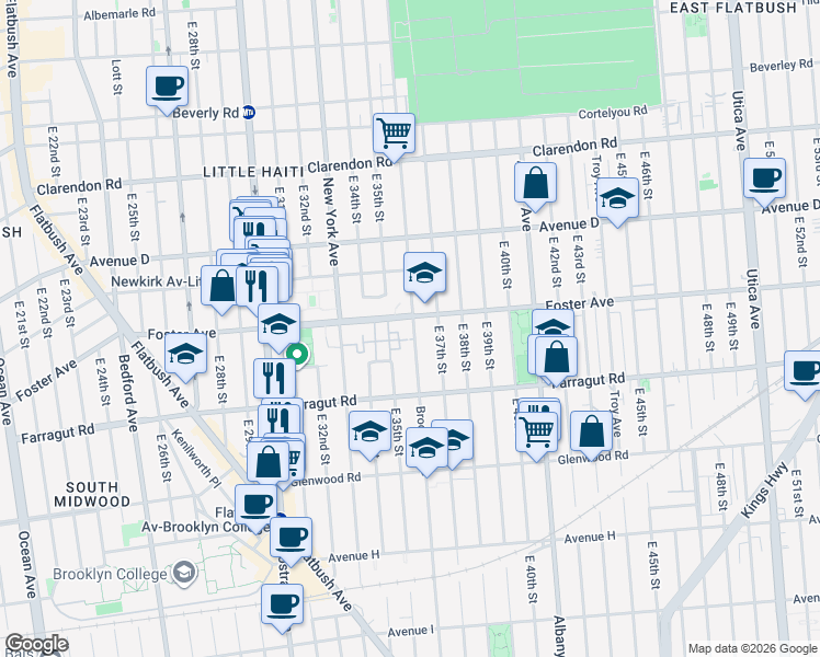 map of restaurants, bars, coffee shops, grocery stores, and more near 1420 Brooklyn Avenue in Brooklyn