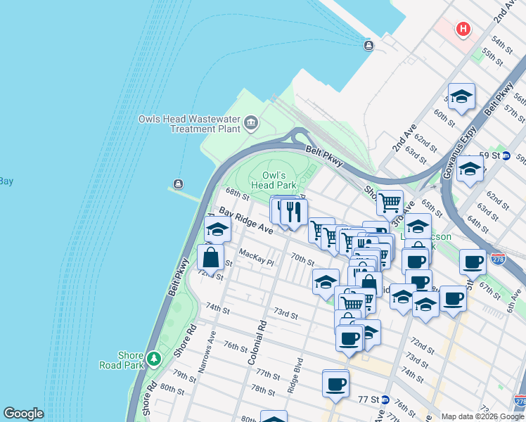 map of restaurants, bars, coffee shops, grocery stores, and more near 83 Bay Ridge Avenue in Brooklyn