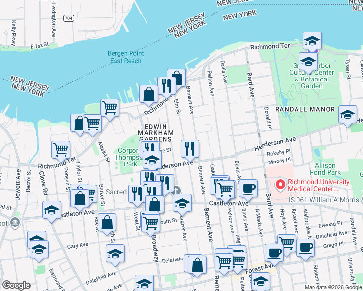 map of restaurants, bars, coffee shops, grocery stores, and more near 139 North Burgher Avenue in Staten Island