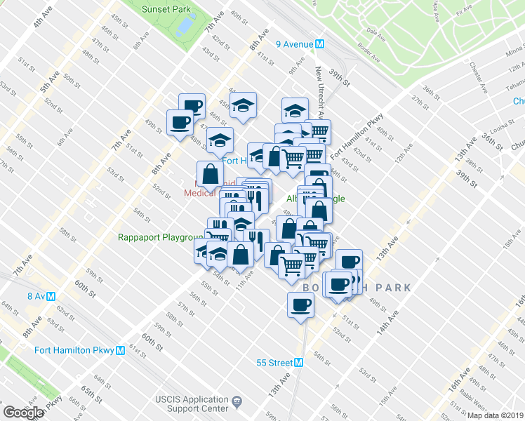 map of restaurants, bars, coffee shops, grocery stores, and more near 4801 10th Avenue in Brooklyn