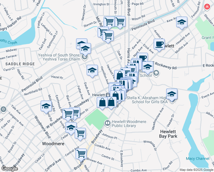 map of restaurants, bars, coffee shops, grocery stores, and more near 212 Franklin Avenue in Hewlett
