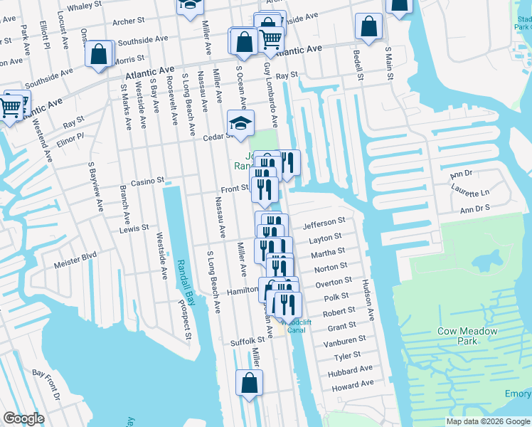 map of restaurants, bars, coffee shops, grocery stores, and more near 42 Woodcleft Avenue in Freeport