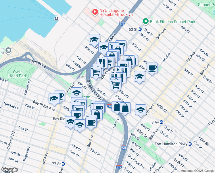 map of restaurants, bars, coffee shops, grocery stores, and more near 441 63rd Street in Brooklyn