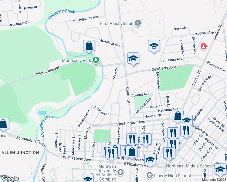 map of restaurants, bars, coffee shops, grocery stores, and more near 1942 Main Street in Bethlehem