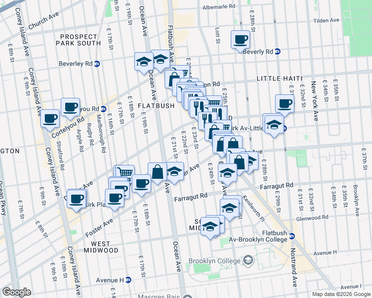 map of restaurants, bars, coffee shops, grocery stores, and more near East 22nd Street & Newkirk Avenue in Brooklyn