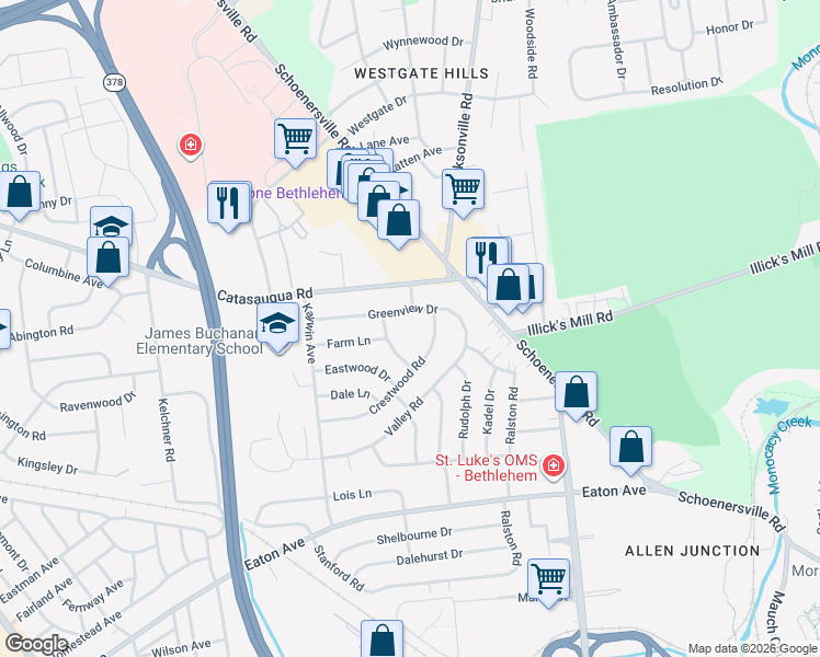 map of restaurants, bars, coffee shops, grocery stores, and more near 1614 Primrose Lane in Bethlehem