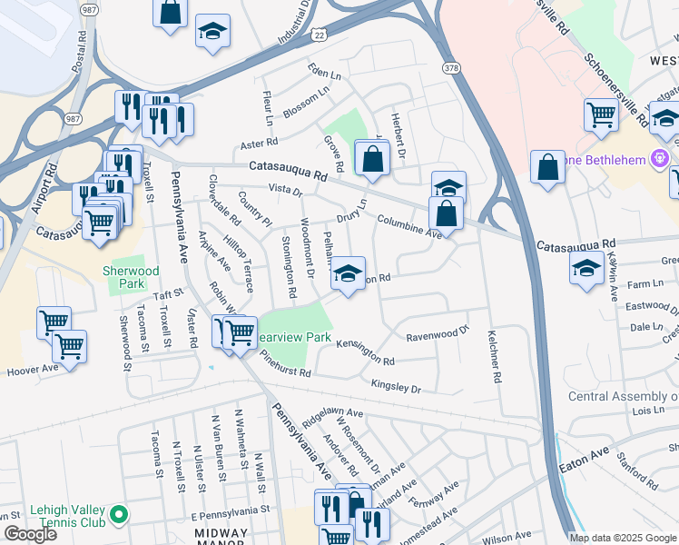 map of restaurants, bars, coffee shops, grocery stores, and more near 2124 Abington Road in Bethlehem