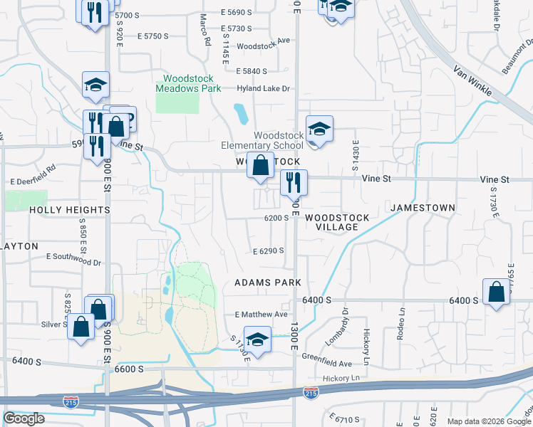 map of restaurants, bars, coffee shops, grocery stores, and more near 6230 South 1250 East in Murray