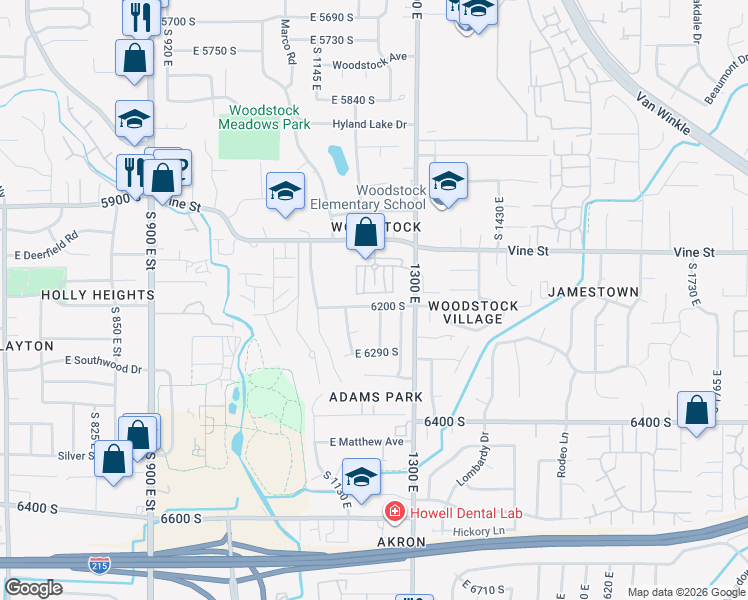 map of restaurants, bars, coffee shops, grocery stores, and more near 6230 South 1250 East in Murray