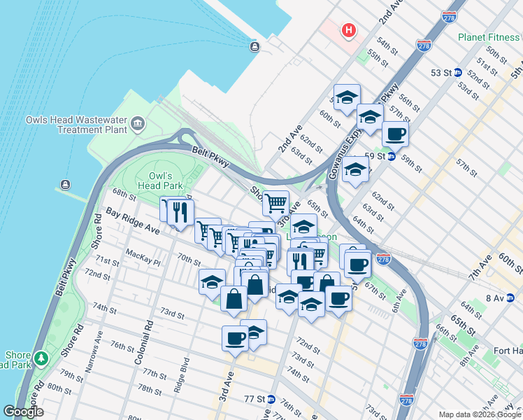 map of restaurants, bars, coffee shops, grocery stores, and more near 246 67th Street in Brooklyn