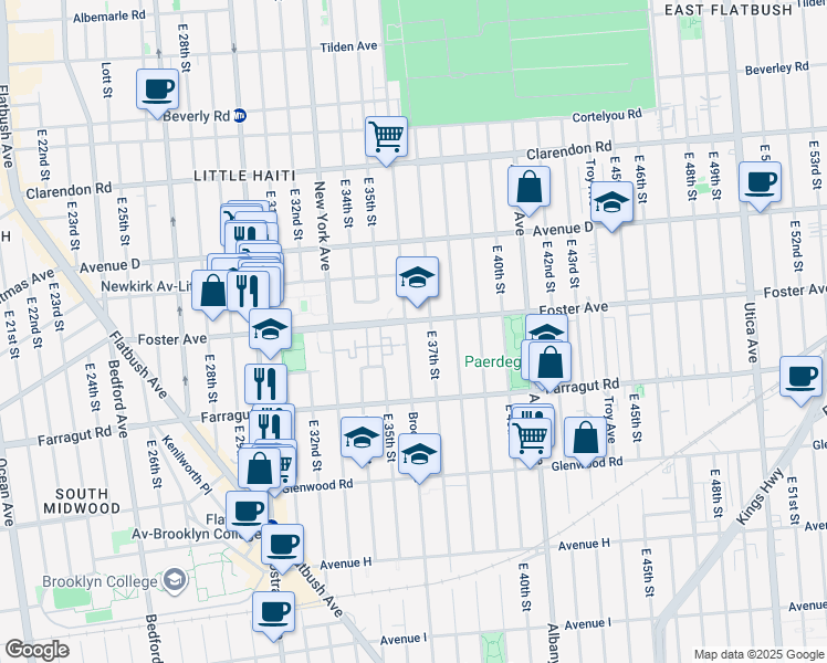 map of restaurants, bars, coffee shops, grocery stores, and more near 1405 Brooklyn Avenue in Brooklyn