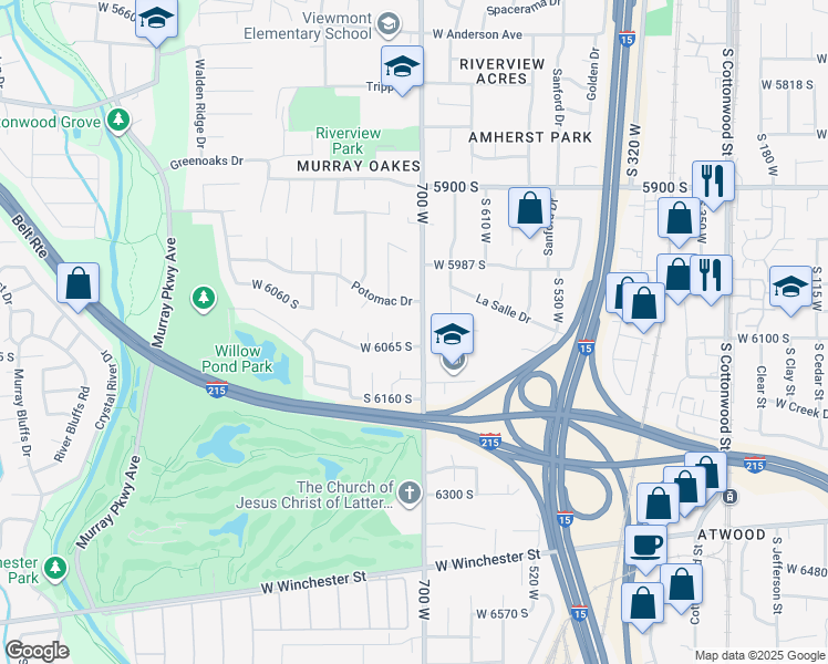 map of restaurants, bars, coffee shops, grocery stores, and more near 6072 South 700 West in Murray