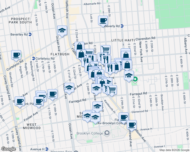 map of restaurants, bars, coffee shops, grocery stores, and more near 1335 Flatbush Avenue in Brooklyn