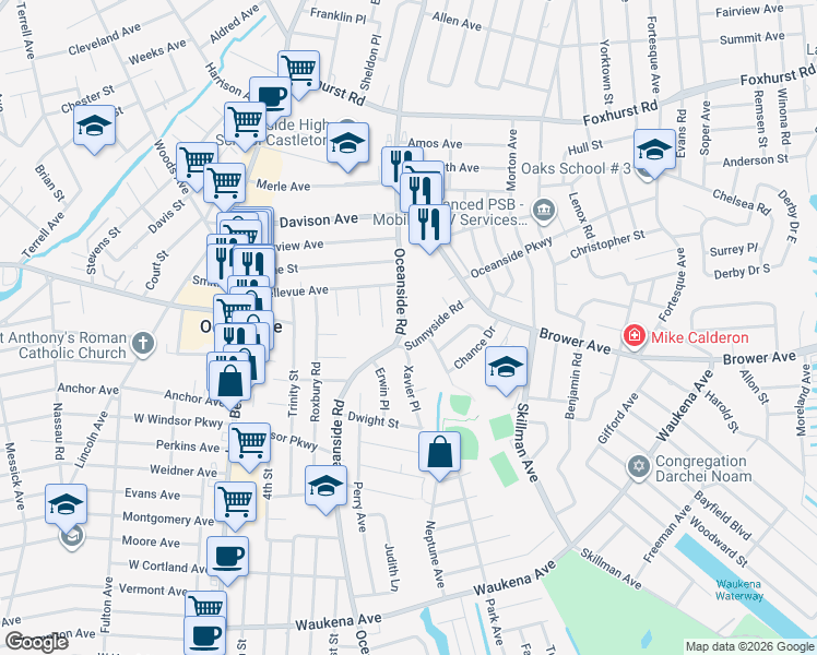 map of restaurants, bars, coffee shops, grocery stores, and more near 3017 Xavier Place in Oceanside