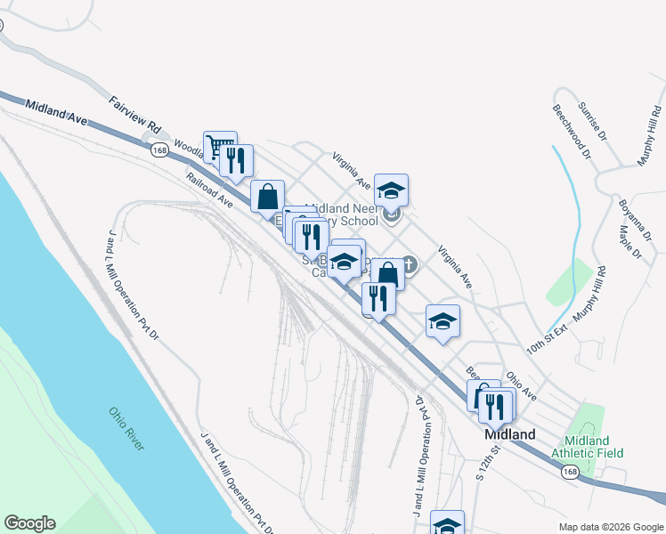 map of restaurants, bars, coffee shops, grocery stores, and more near 607 Midland Avenue in Midland