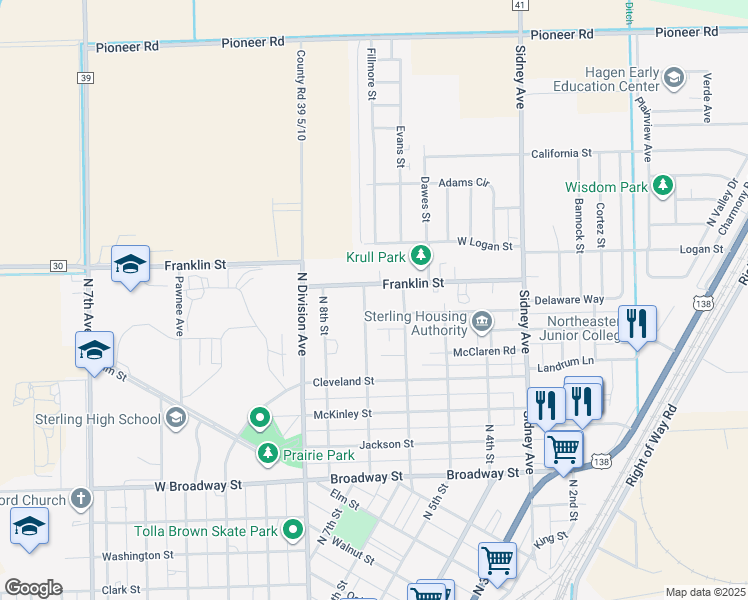 map of restaurants, bars, coffee shops, grocery stores, and more near 1136 North 7th Street in Sterling