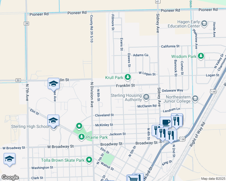 map of restaurants, bars, coffee shops, grocery stores, and more near 1136 North 7th Street in Sterling