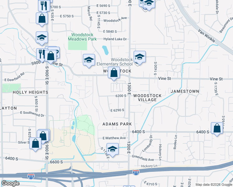 map of restaurants, bars, coffee shops, grocery stores, and more near 6230 South 1250 East in Murray