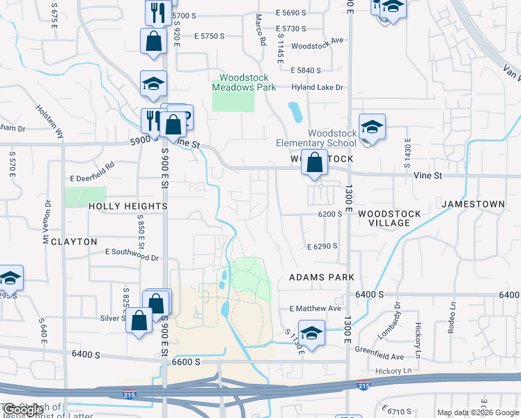 map of restaurants, bars, coffee shops, grocery stores, and more near 6294 South 1125 East in Murray