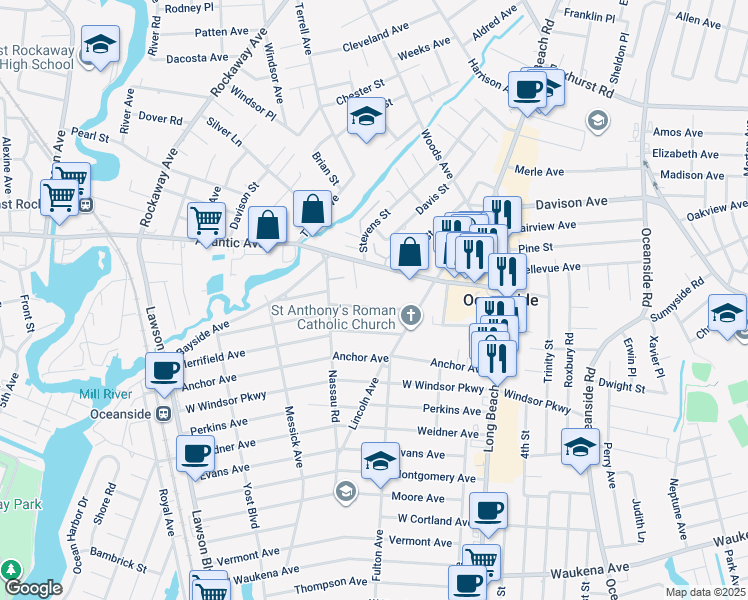 map of restaurants, bars, coffee shops, grocery stores, and more near 142 Roosevelt Street in Oceanside
