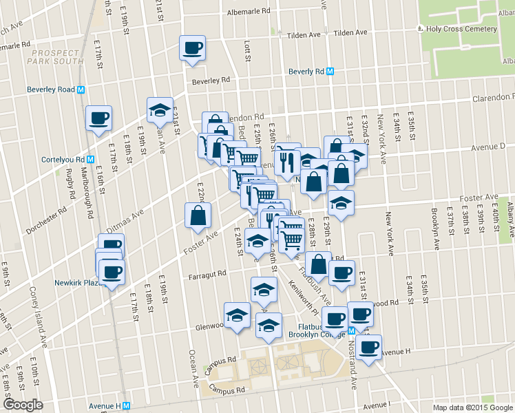 map of restaurants, bars, coffee shops, grocery stores, and more near 1351 Flatbush Avenue in Brooklyn