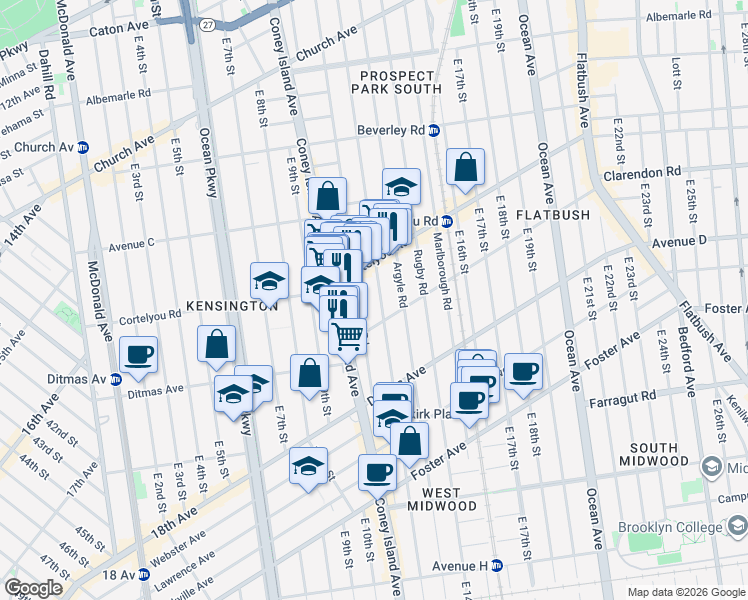 map of restaurants, bars, coffee shops, grocery stores, and more near 447 Westminster Road in Brooklyn