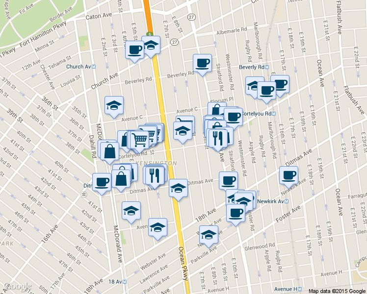 map of restaurants, bars, coffee shops, grocery stores, and more near Cortelyou Road in Brooklyn