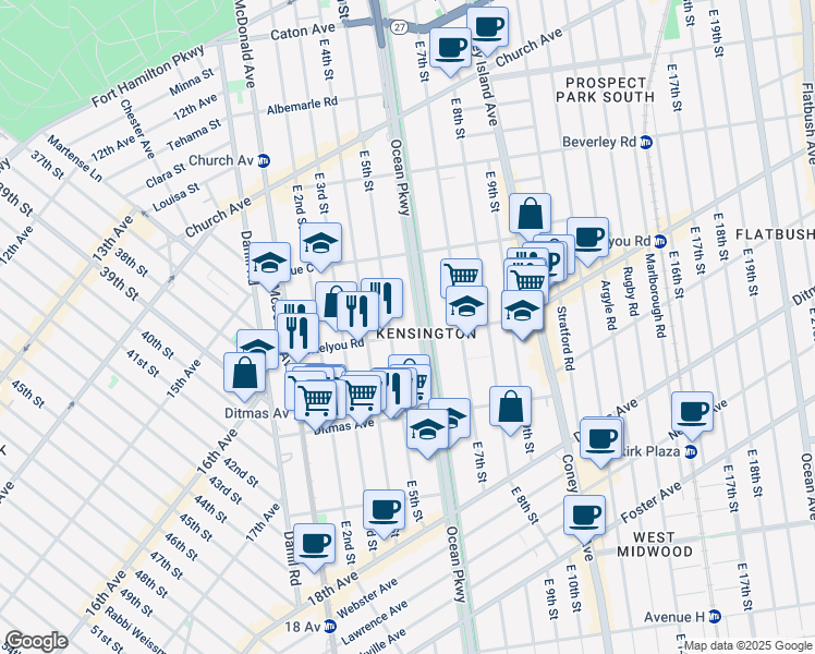 map of restaurants, bars, coffee shops, grocery stores, and more near 583 East 5th Street in Brooklyn