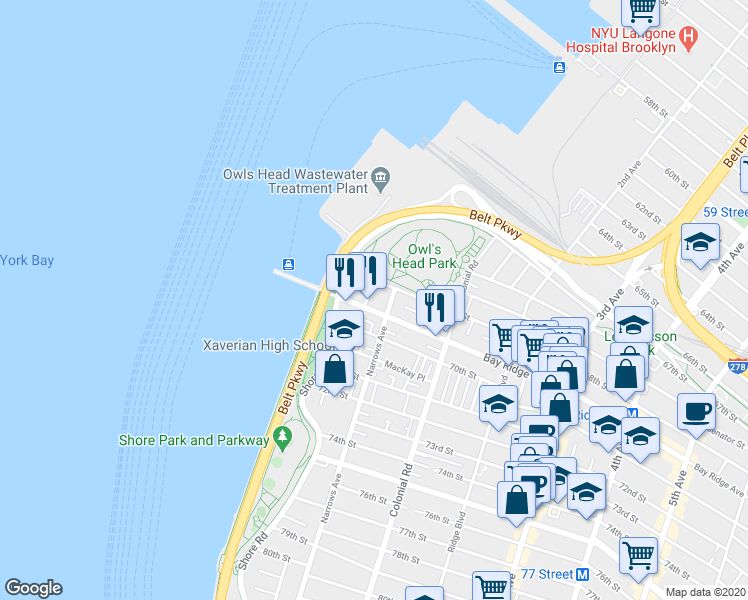 map of restaurants, bars, coffee shops, grocery stores, and more near 62 Bay Ridge Avenue in Brooklyn