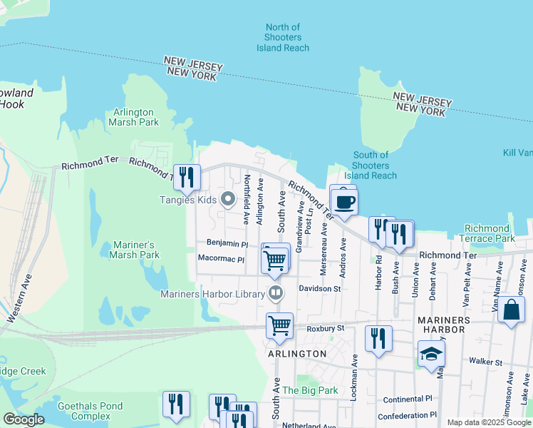 map of restaurants, bars, coffee shops, grocery stores, and more near 96 Arlington Avenue in Staten Island