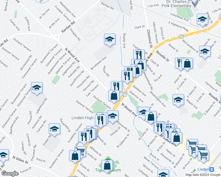 map of restaurants, bars, coffee shops, grocery stores, and more near 2305 North Wood Avenue in Roselle